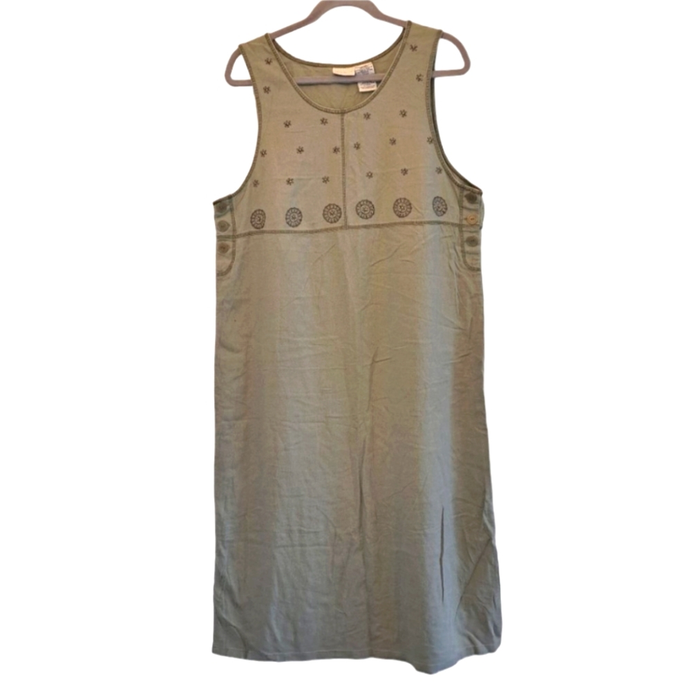 White Stag Linen Blend Sleeveless Dress Jumper Embroidered Floral Sage Size XL